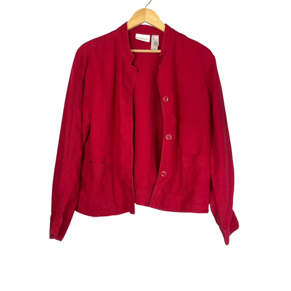 Vintage Red 100% Linen Jacket Mandarin Collar Women XL Liz Claiborne Lightweight